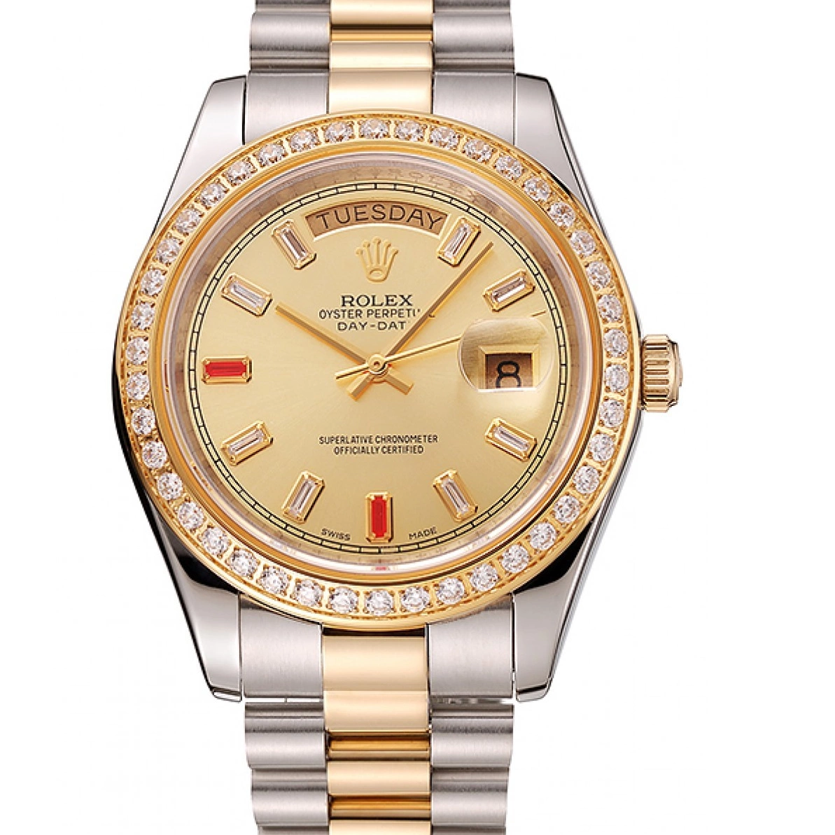 Aaa replica watch Bracelet And Tone Day-Date Rubies 1454104 Two Dial Swiss Champagne Rolex Diamonds 0217