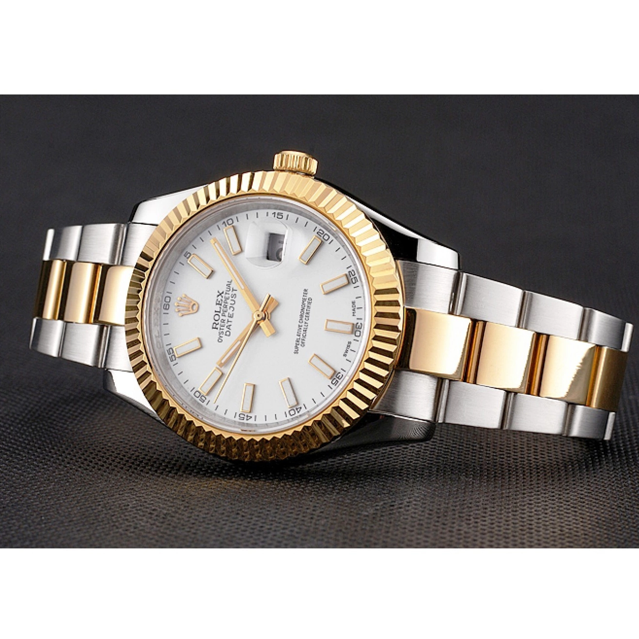 Aaa replica watch Two Dial Stainless Swiss Tone Steel White Case Bracelet Gold Datejust Rolex 0227