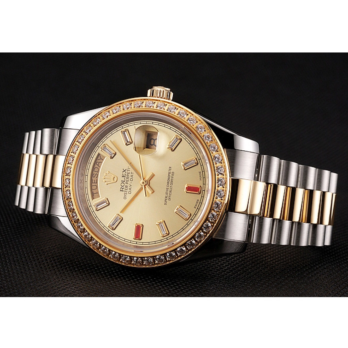 Aaa replica watch Bracelet And Tone Day-Date Rubies 1454104 Two Dial Swiss Champagne Rolex Diamonds 0217