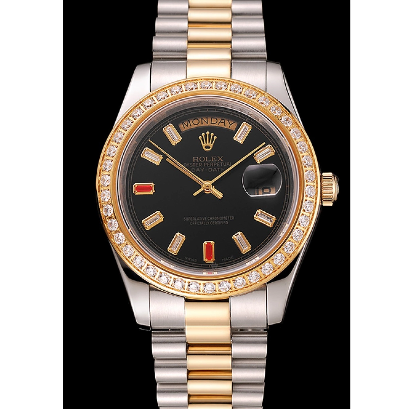 Aaa replica watch Tone Black Day-Date Rolex Two Swiss 1454105 Bracelet Rubies Diamonds Dial And 0211