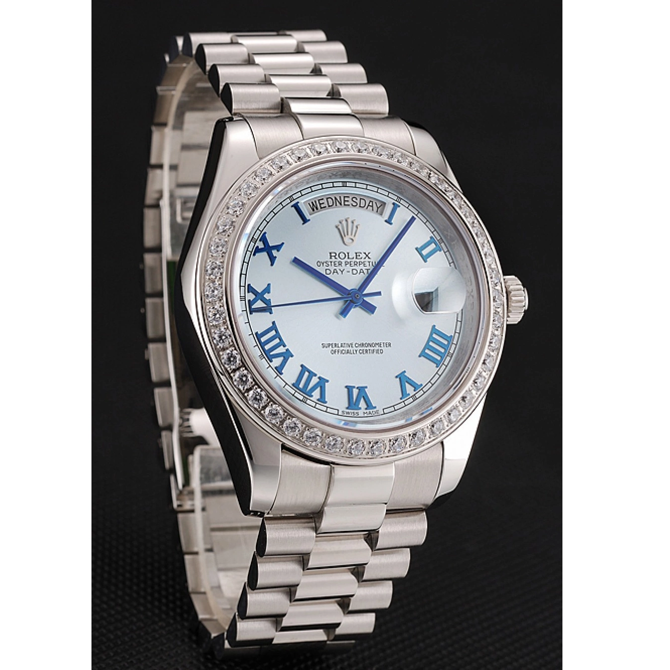 Aaa replica watch Swiss 1453962 Case Blue Dial Diamond Stainless Bracelet Day-Date Ice Steel Rolex 0211