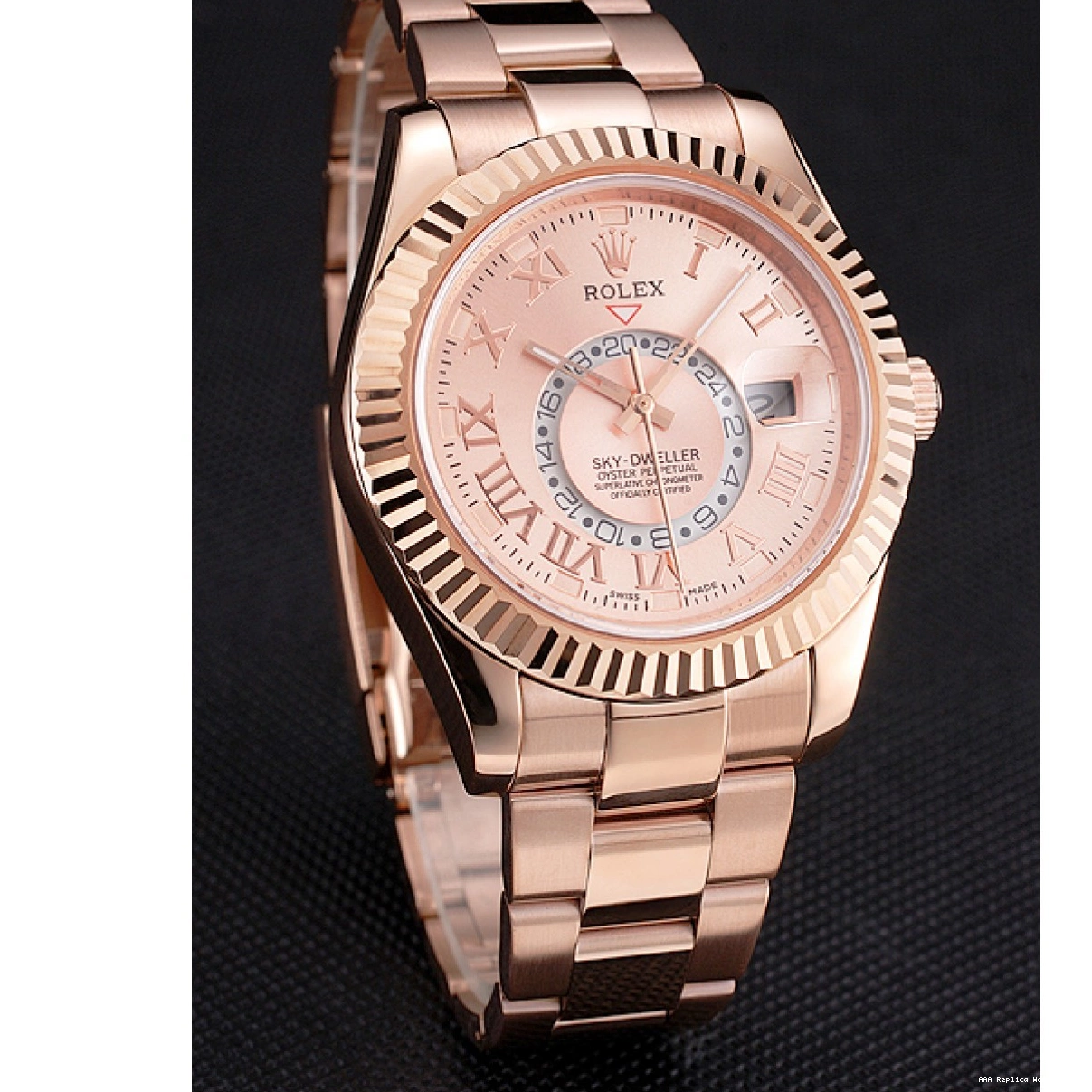 Aaa replica watch Rolex Sky Gold Gold Case Dweller Dial Rose And Rose Bracelet 0213