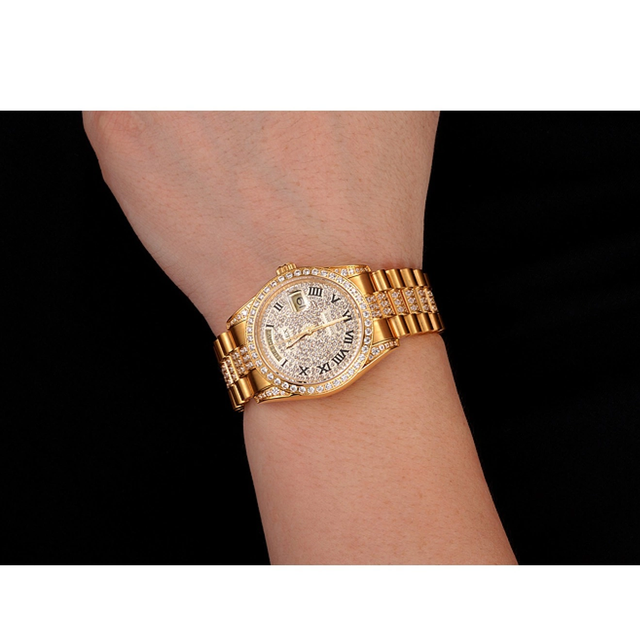 Aaa replica watch Diamond Pave Diamond Bracelet Swiss Rolex Day-Date Gold Dial 1453956 0210