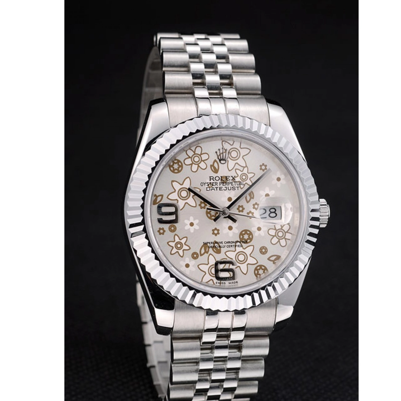 Aaa replica watch DateJust Stainless Flower Steel Ribbed Bezel Silver Rolex 41983 Dial 0210