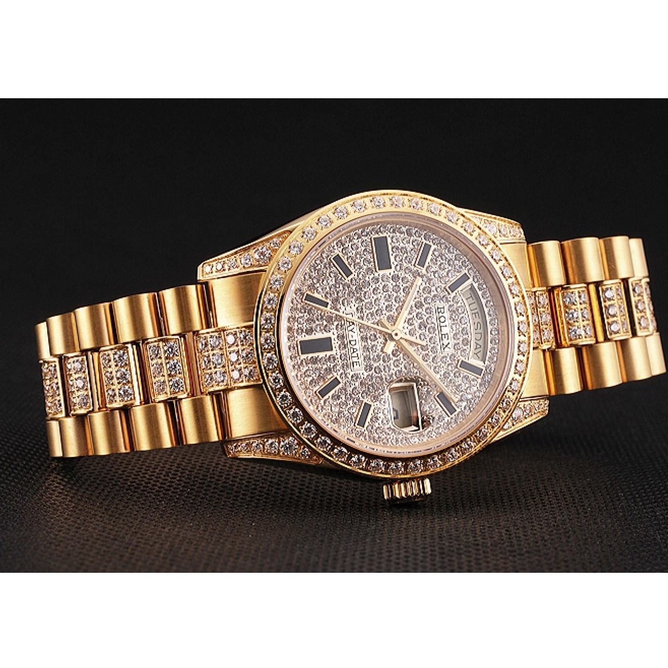 Aaa replica watch Rolex Diamond Gold Date Swiss Day Pave Yellow 0215