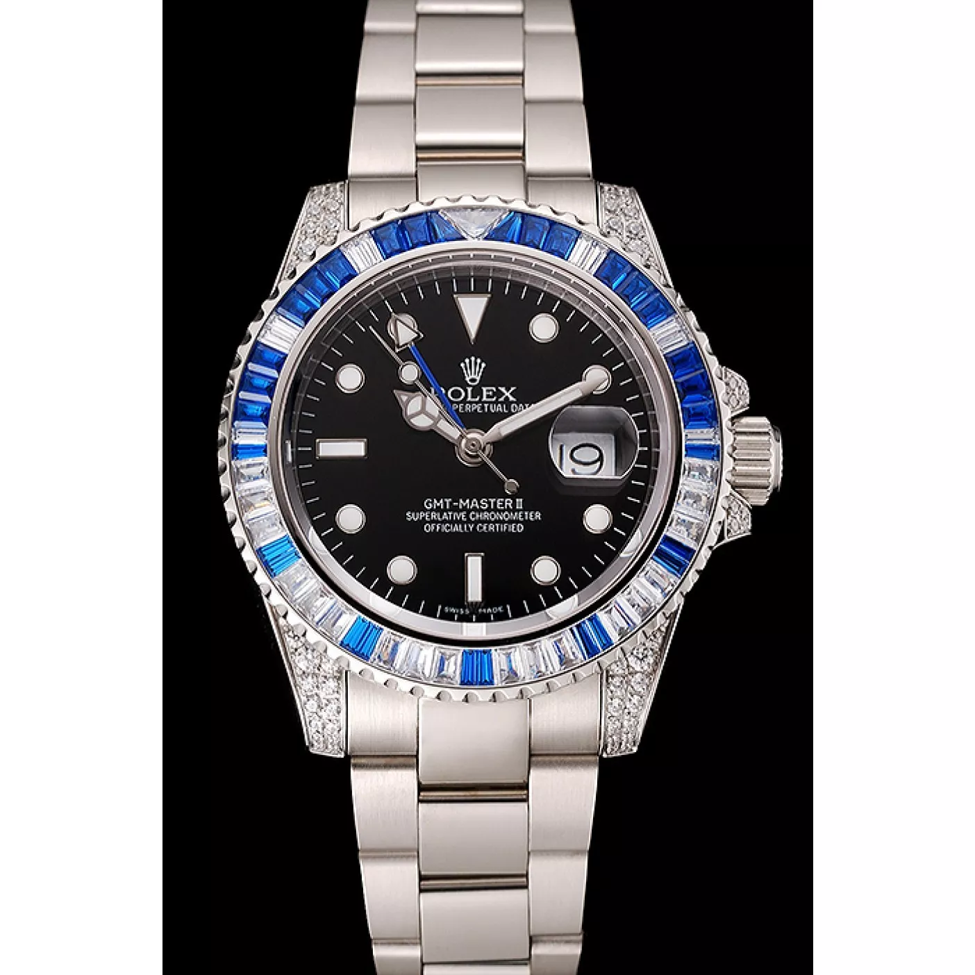 Aaa replica watch Swiss Rolex GMT Master II Black Dial Stone Set Bezel Stainless Steel Case And Bracelet 1453747 0201