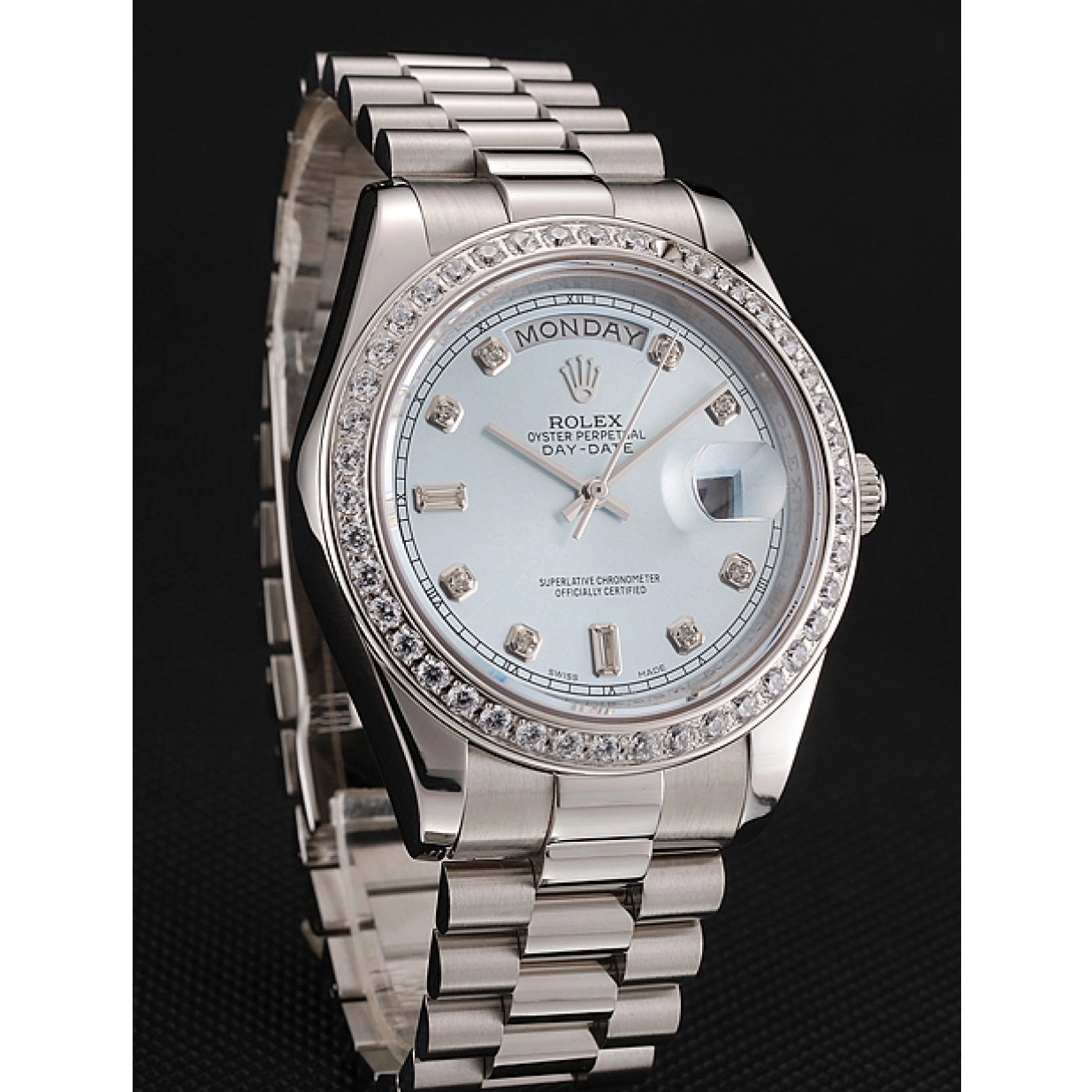 Aaa replica watch Ice Dial Diamond Stainless Steel Bracelet Numerals Diamond Day-Date Case Rolex 1453963 Blue Swiss 0218