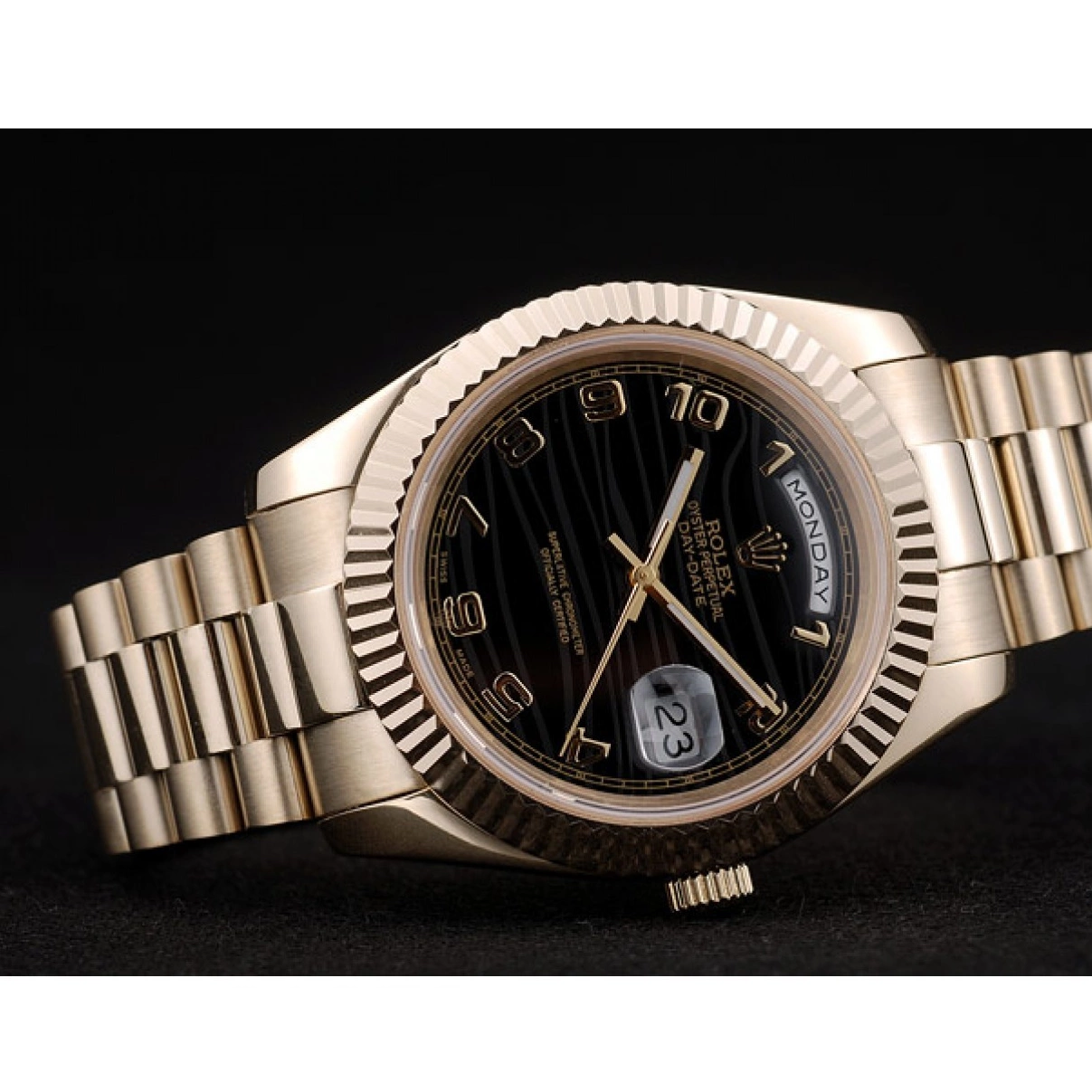 Aaa replica watch 41998 Swiss Stainless Gold Black Dial Rolex Steel DayDate Bezel Ribbed 0210