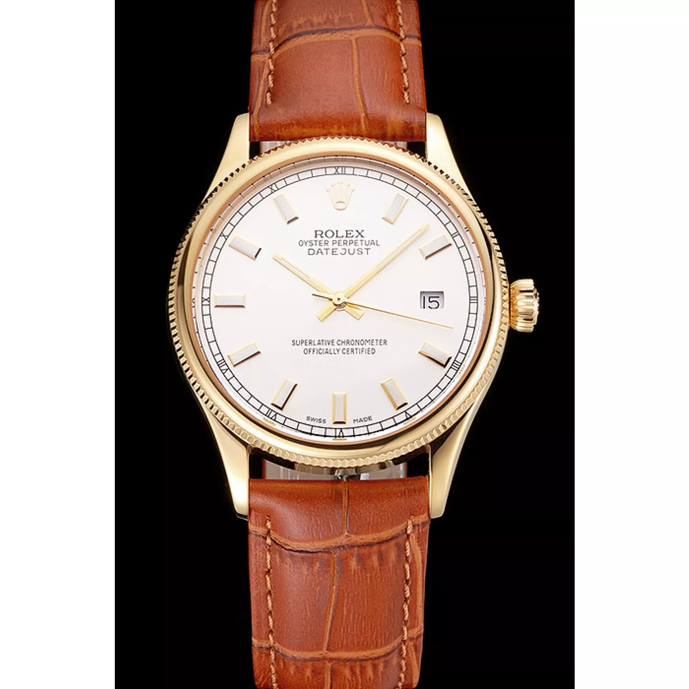 Aaa replica watch Swiss Rolex Datejust White Dial Gold Case Light Brown Leather Strap 0206