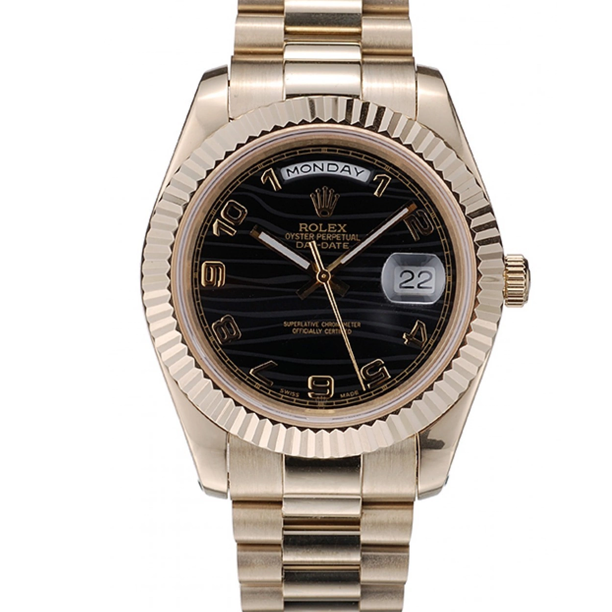 Aaa replica watch 41998 Swiss Stainless Gold Black Dial Rolex Steel DayDate Bezel Ribbed 0210