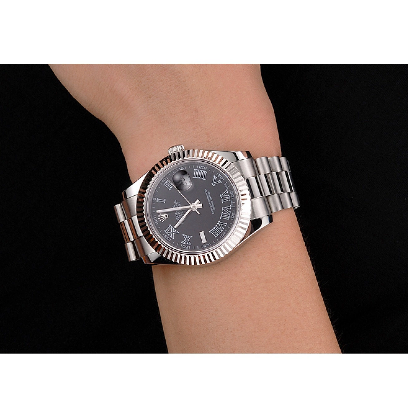 Aaa replica watch Swiss Rolex Bracelet Datejust Case Roman And Stainless Dial Steel Numerals Black 0224