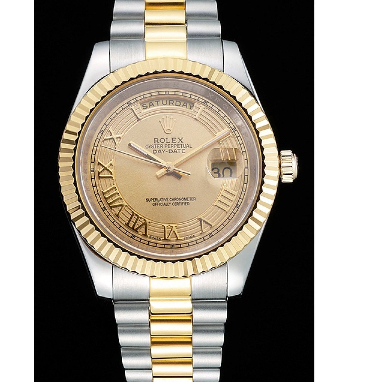 Aaa replica watch Two Plated Dial Day-Date Rolex Tone Gold 18k Gold Steel Stainless 0227