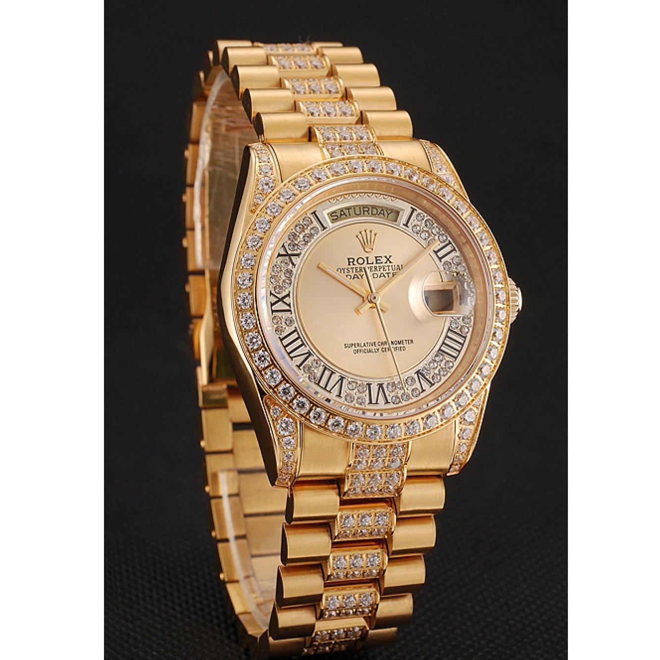 Aaa replica watch Gold Diamond Gold Swiss Rolex Diamond Dial Bracelet Day-Date 1453954 Pave 0216