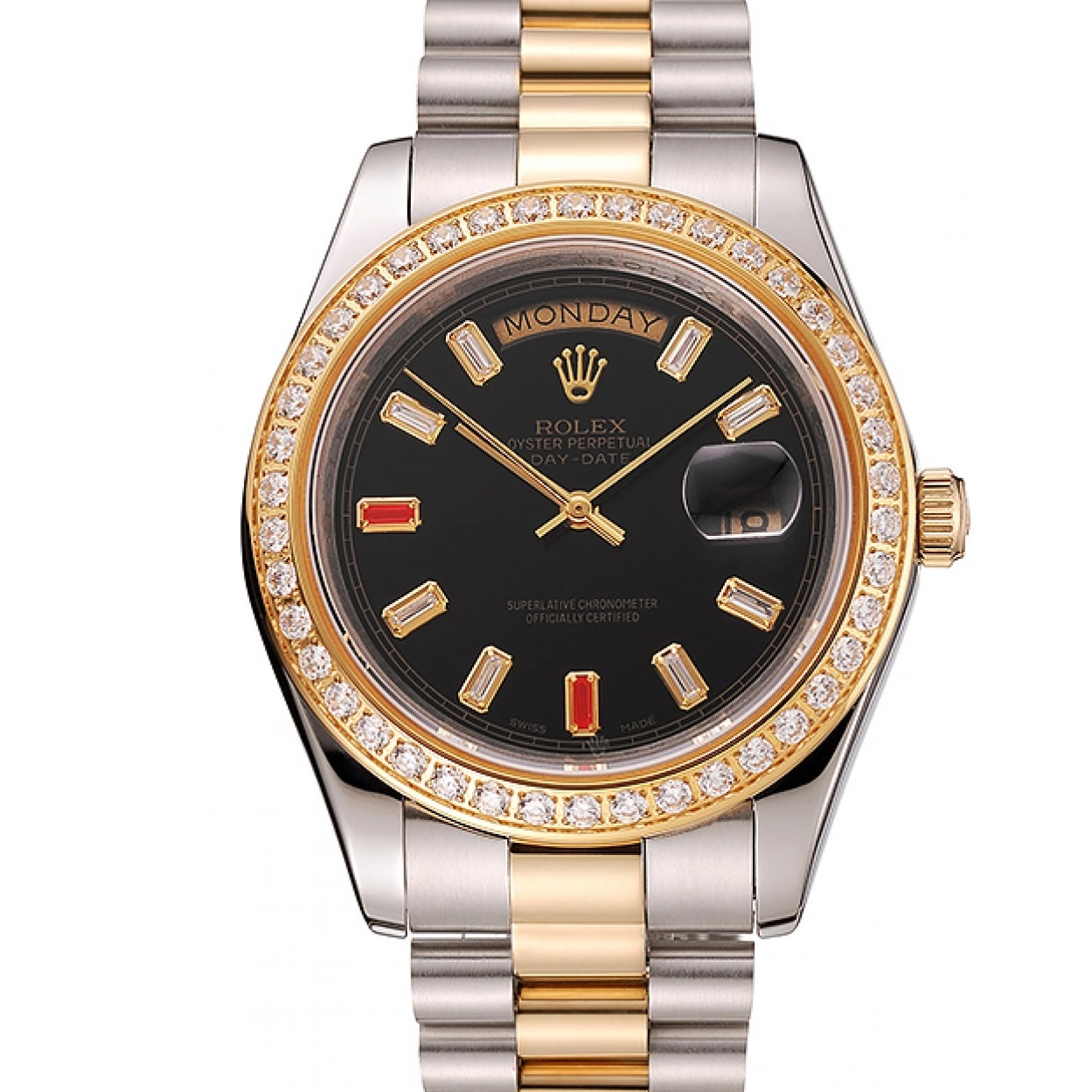 Aaa replica watch Tone Black Day-Date Rolex Two Swiss 1454105 Bracelet Rubies Diamonds Dial And 0211