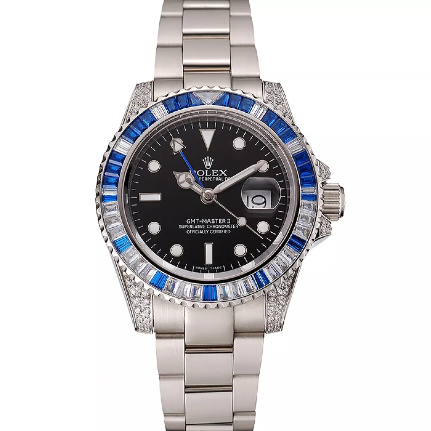 Aaa replica watch Swiss Rolex GMT Master II Black Dial Stone Set Bezel Stainless Steel Case And Bracelet 1453747 0201