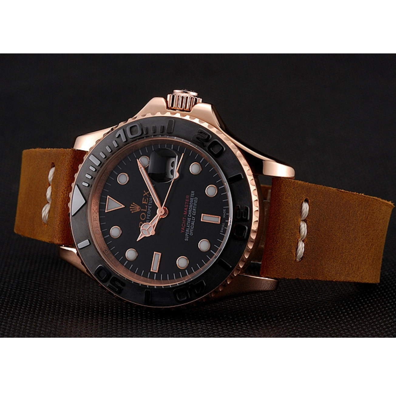 Aaa replica watch Case 1453861 Bracelet Rose Brown Leather Black Yacht Gold Dial Master Rolex 0225