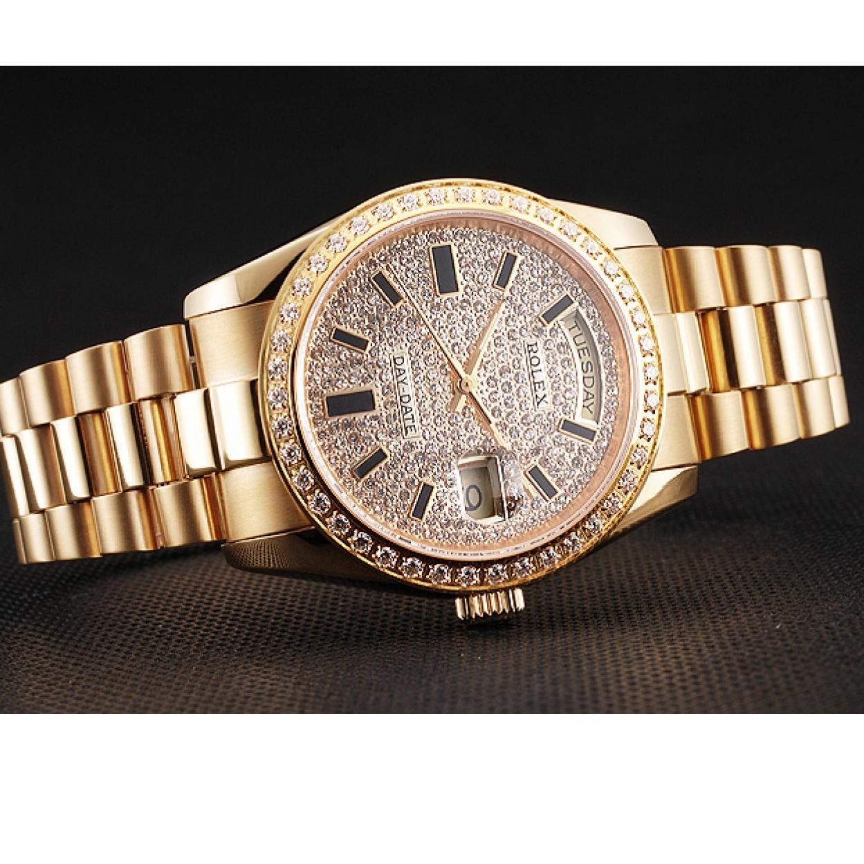 Aaa replica watch And Dial Day Bracelet Date Gold Swiss Rolex Pave Bezel Case And Diamond 0224