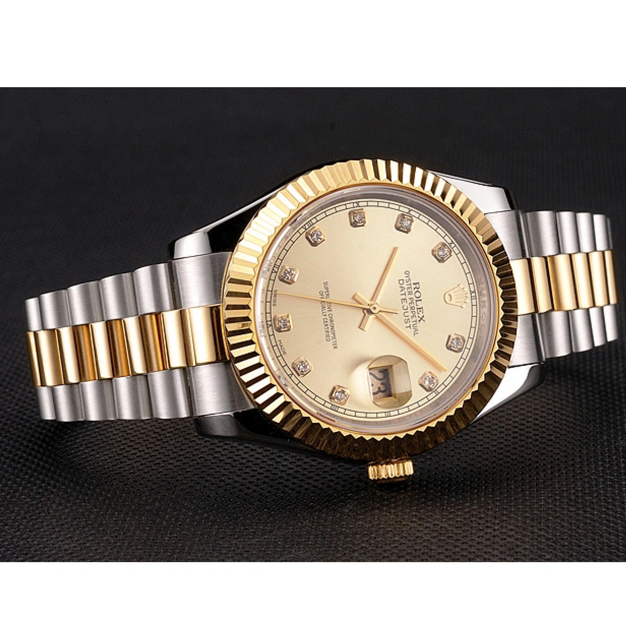 Aaa replica watch Stainless Dial Gold Case Bezel Bracelet Swiss And Two Rolex Datejust Steel Tone 0222