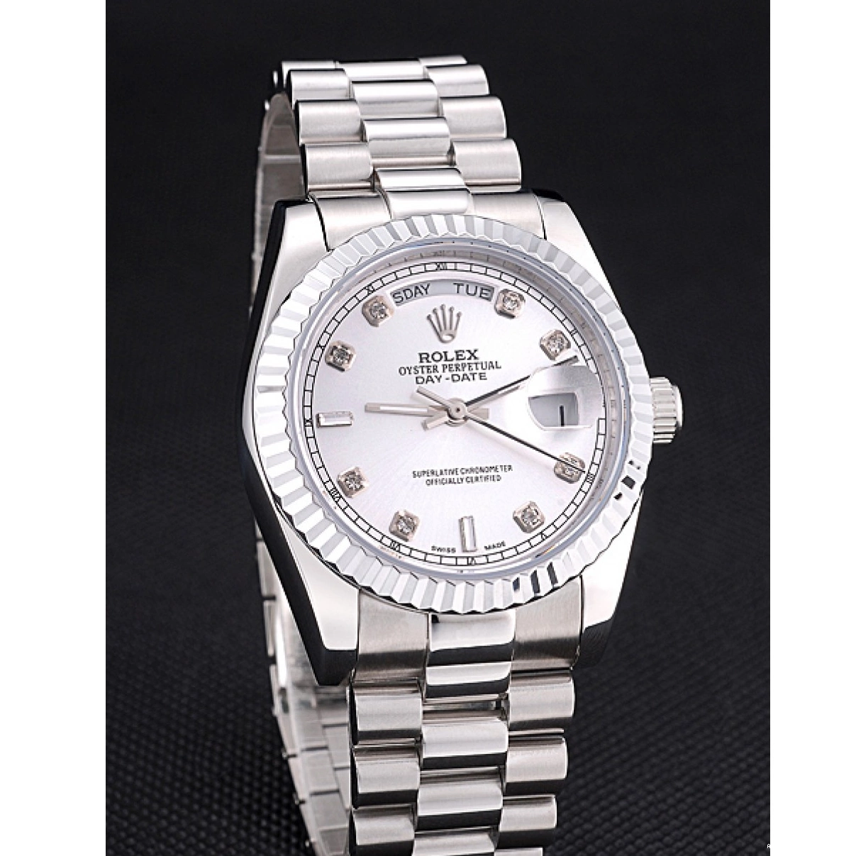 Aaa replica watch Steel Stainless Rolex Polished Day-Date Dial Silver 0226