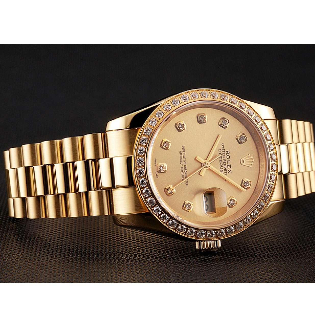 Aaa replica watch Swiss Dial Datejust Champagne Diamond Bezel Bracelet 1454097 Gold Rolex 0218