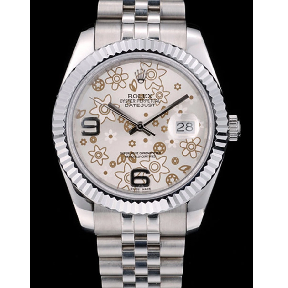 Aaa replica watch DateJust Stainless Flower Steel Ribbed Bezel Silver Rolex 41983 Dial 0210