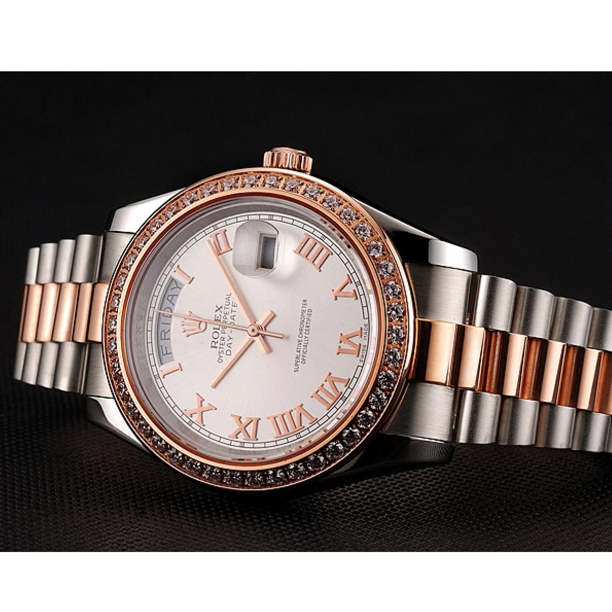 Aaa replica watch Bracelet White Staineless Bezel Diamonds Rose 1454108 Steel Dial And Gold Swiss Day-Date Rolex 0217