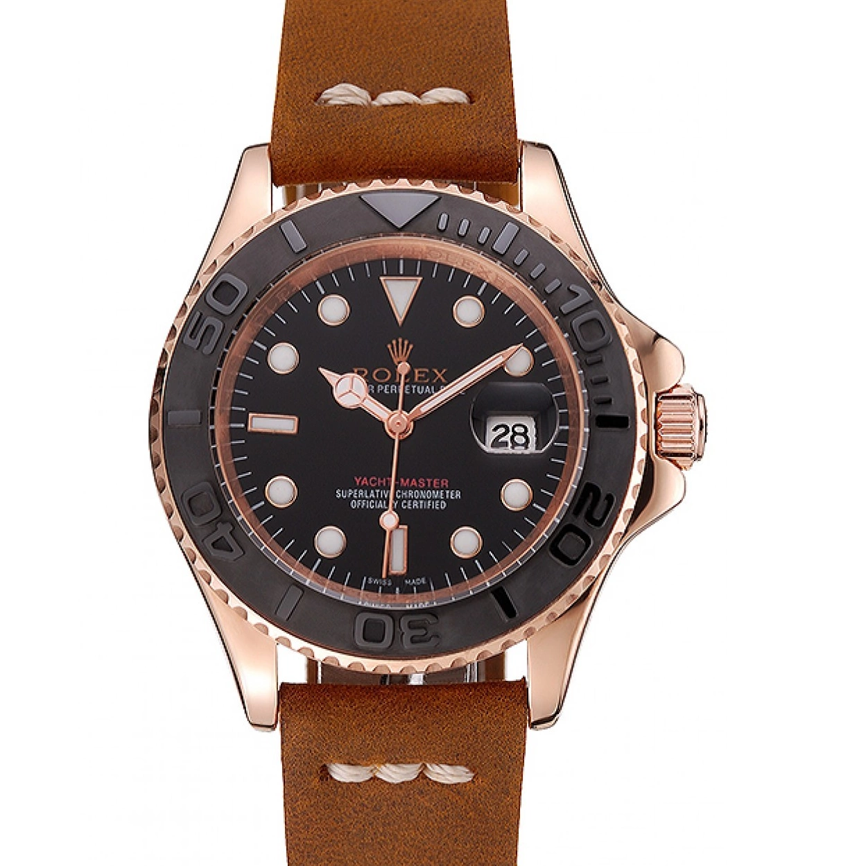 Aaa replica watch Case 1453861 Bracelet Rose Brown Leather Black Yacht Gold Dial Master Rolex 0225