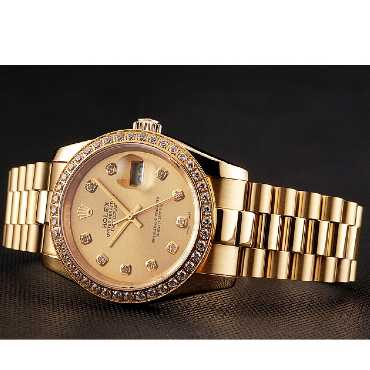 Aaa replica watch Swiss Dial Datejust Champagne Diamond Bezel Bracelet 1454097 Gold Rolex 0218