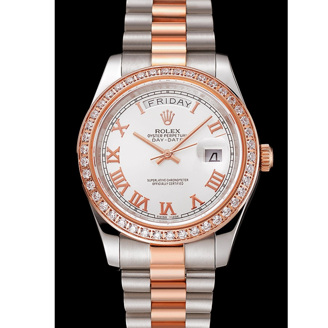 Aaa replica watch Bracelet White Staineless Bezel Diamonds Rose 1454108 Steel Dial And Gold Swiss Day-Date Rolex 0217