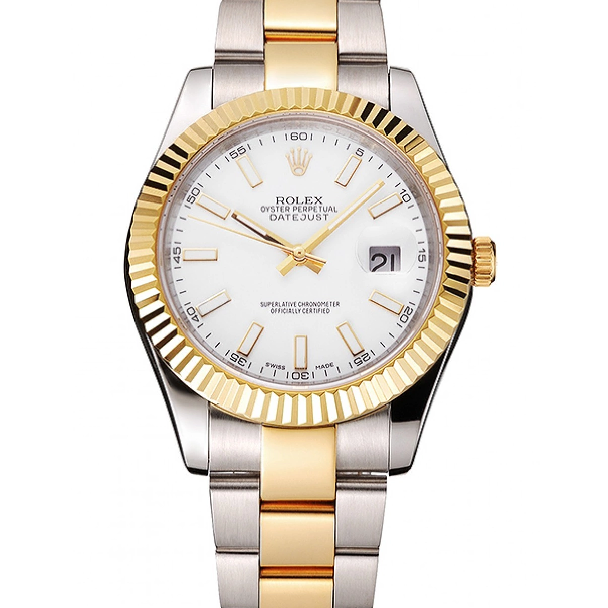 Two Dial Stainless Swiss Tone Steel White Case Bracelet Gold Datejust Rolex 0227