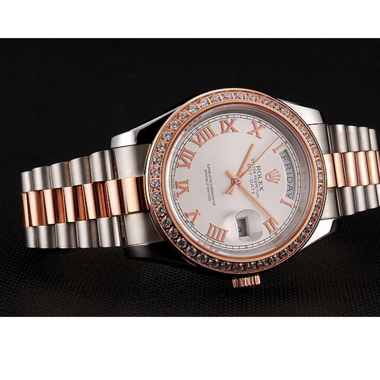 Aaa replica watch Bracelet White Staineless Bezel Diamonds Rose 1454108 Steel Dial And Gold Swiss Day-Date Rolex 0217