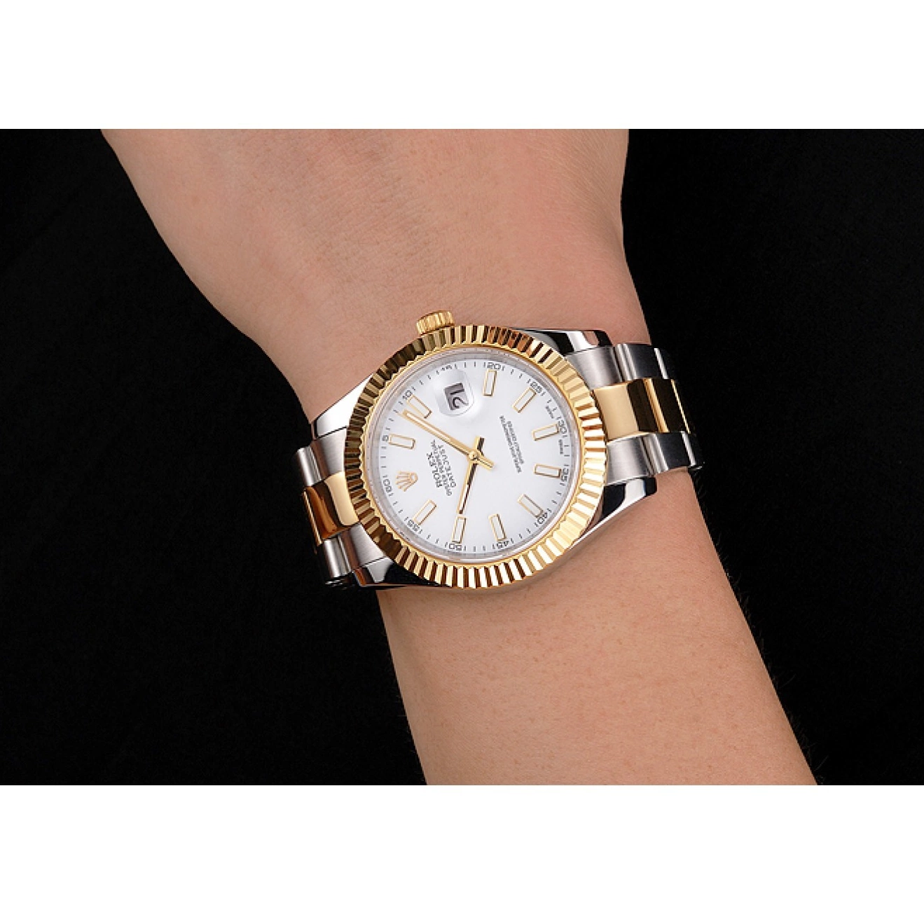 Aaa replica watch Two Dial Stainless Swiss Tone Steel White Case Bracelet Gold Datejust Rolex 0227