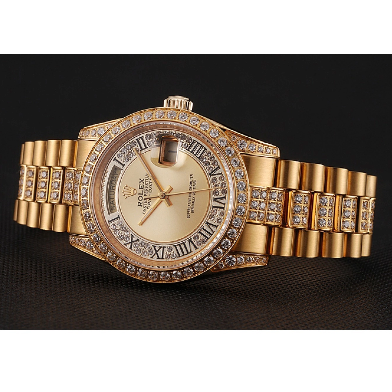 Aaa replica watch Gold Diamond Gold Swiss Rolex Diamond Dial Bracelet Day-Date 1453954 Pave 0216