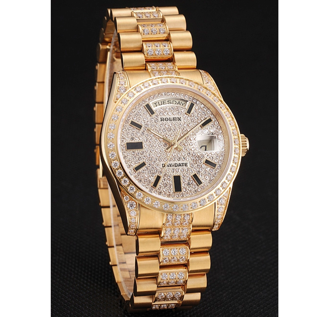 Aaa replica watch Rolex Swiss Day Diamond Yellow Pave Date Gold 0215