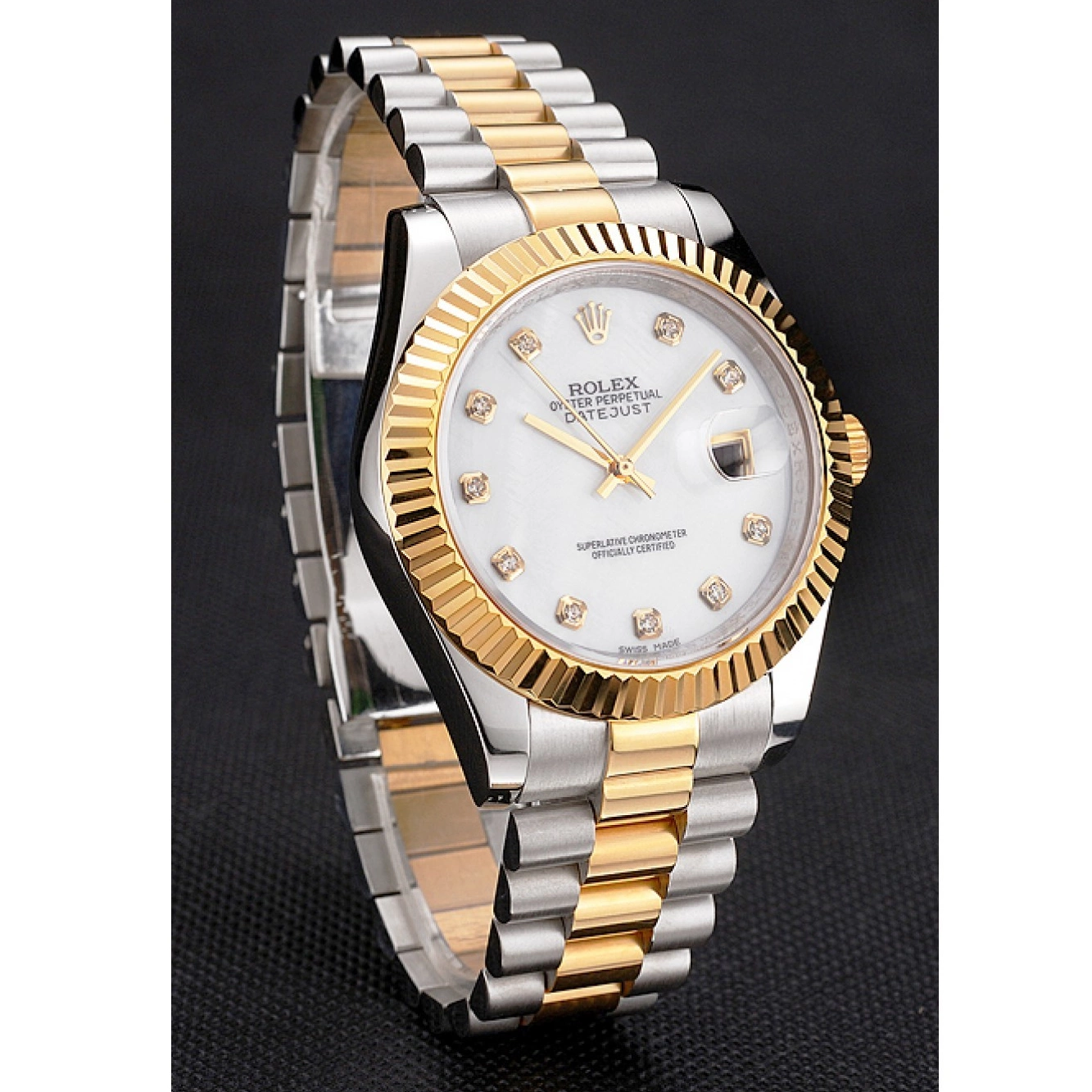 Aaa replica watch Tone Marks Swiss Rolex Dial Case Datejust Bezel Hour Gold Steel Diamond White Two Bracelet Stainless 0210