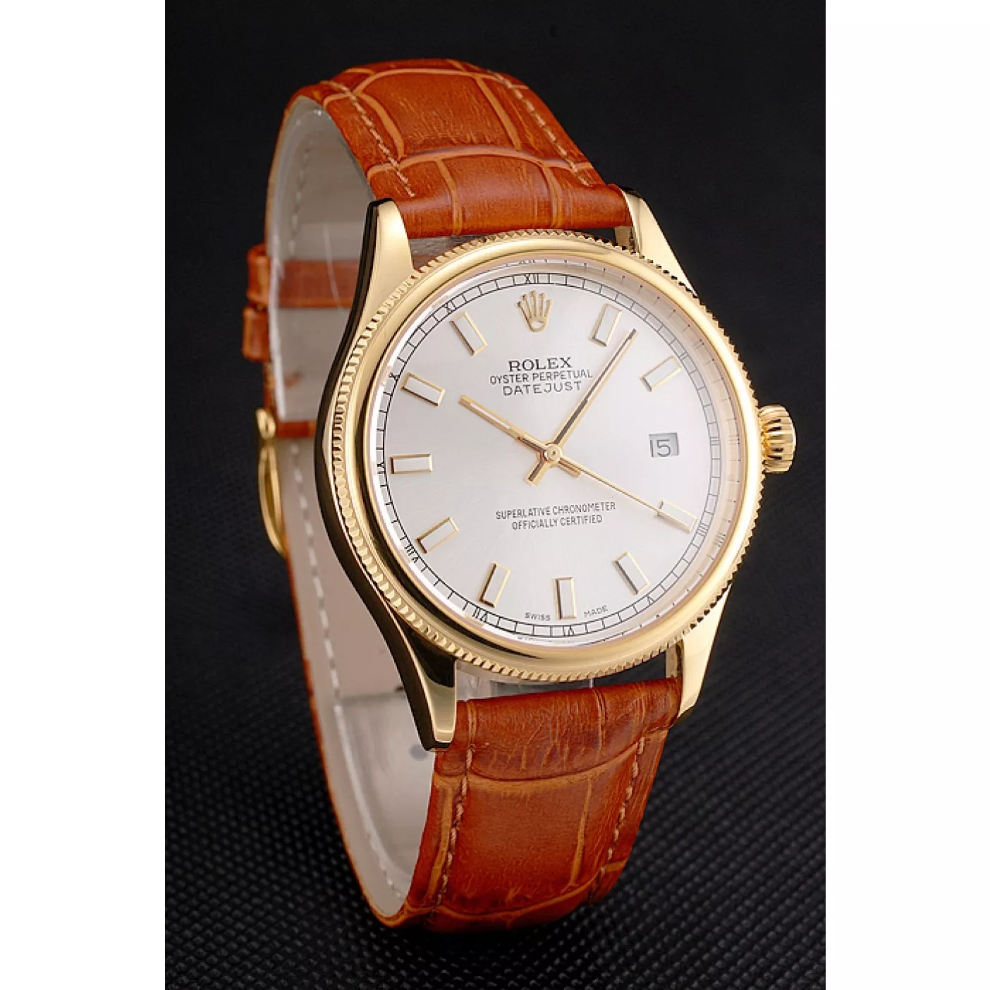 Aaa replica watch Swiss Rolex Datejust White Dial Gold Case Light Brown Leather Strap 0206