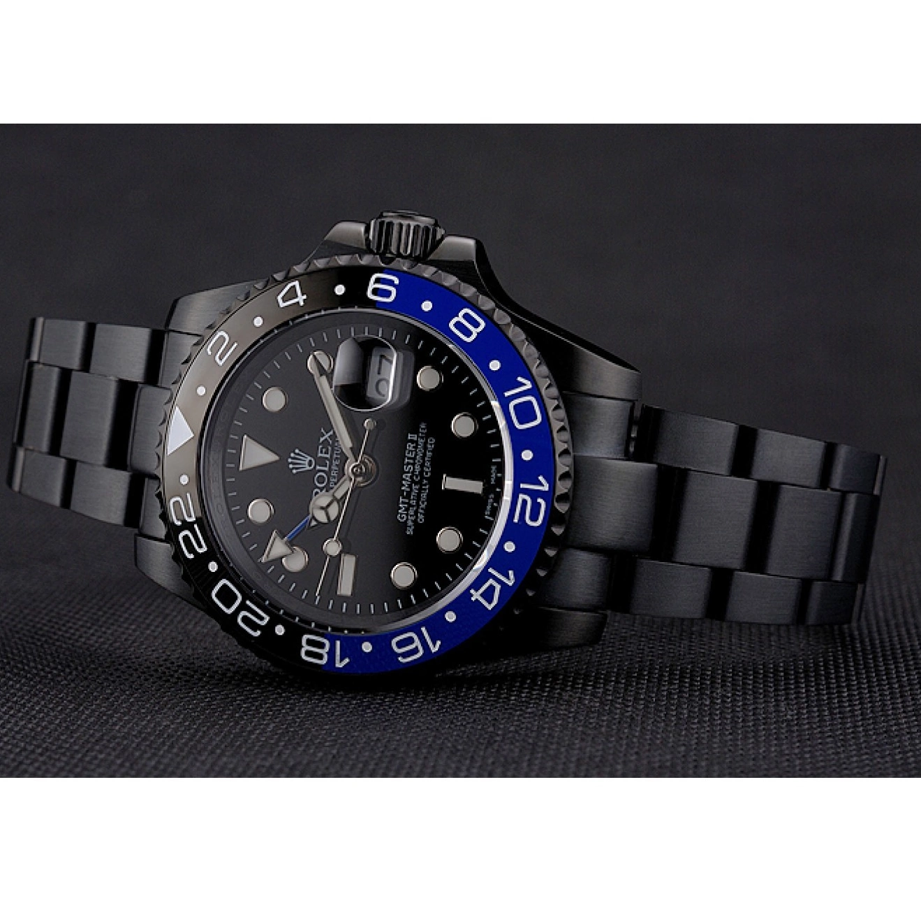 Aaa replica watch Dial Master Rolex Swiss GMT Blue Black Black II PVD Case Bracelet Black And Bezel And 0218