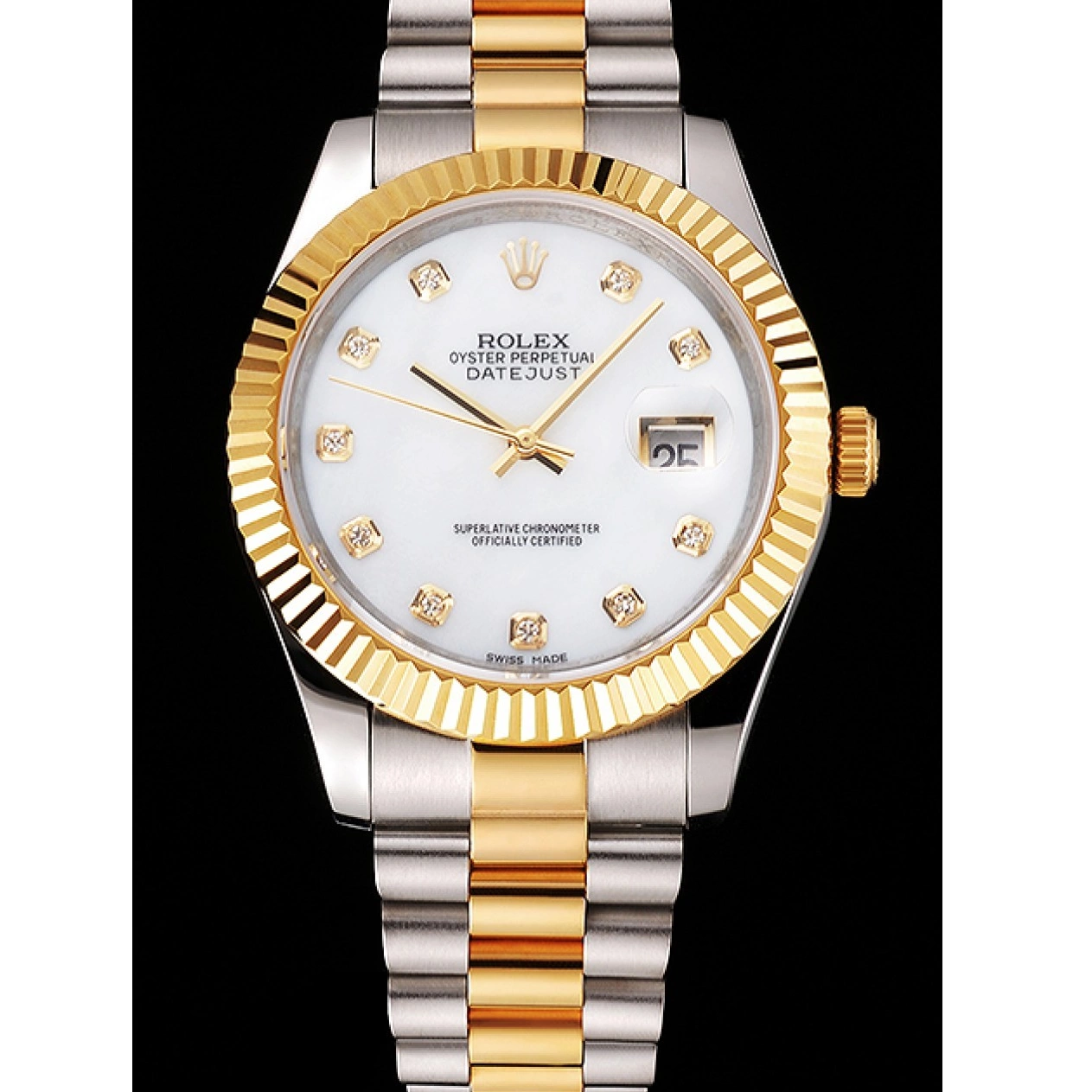 Aaa replica watch Datejust White Steel Swiss Marks Gold Hour Stainless Rolex Bezel Diamond Tone Case Two Bracelet Dial 0219