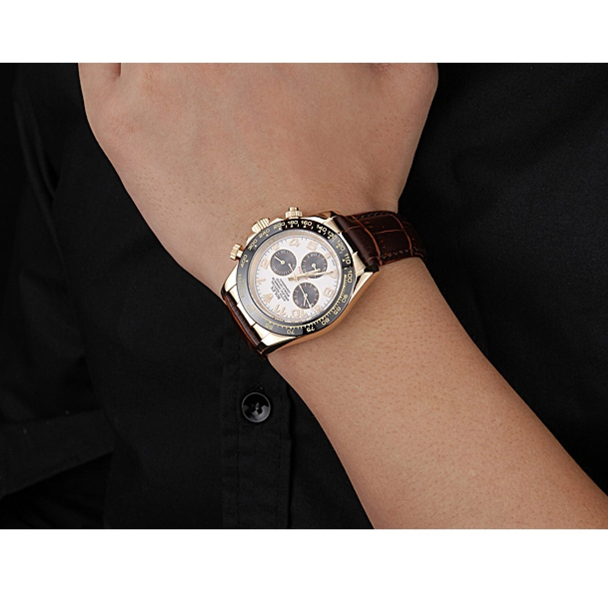 Aaa replica watch Rolex 622634 Subdials Gold Cosmograph Case Bracelet Leather Black Daytona Brown 0216