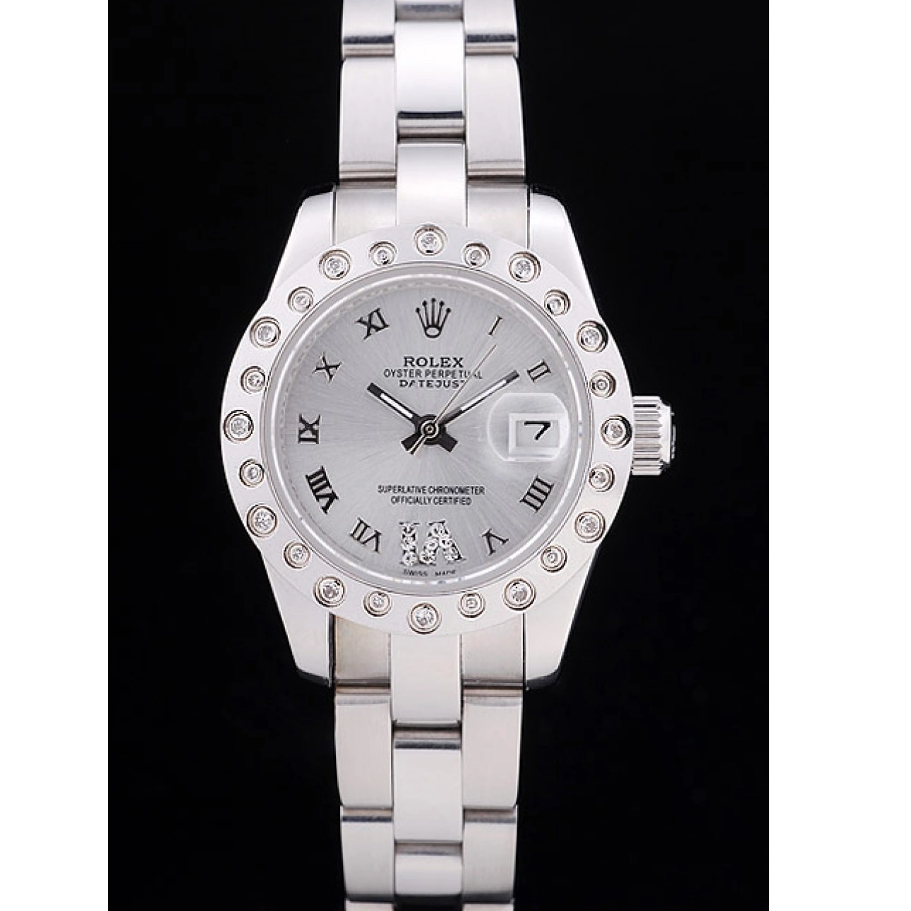 Aaa replica watch 7474 Diamonds Silver Bezel Silver Dial Polished Datejust Rolex 0221