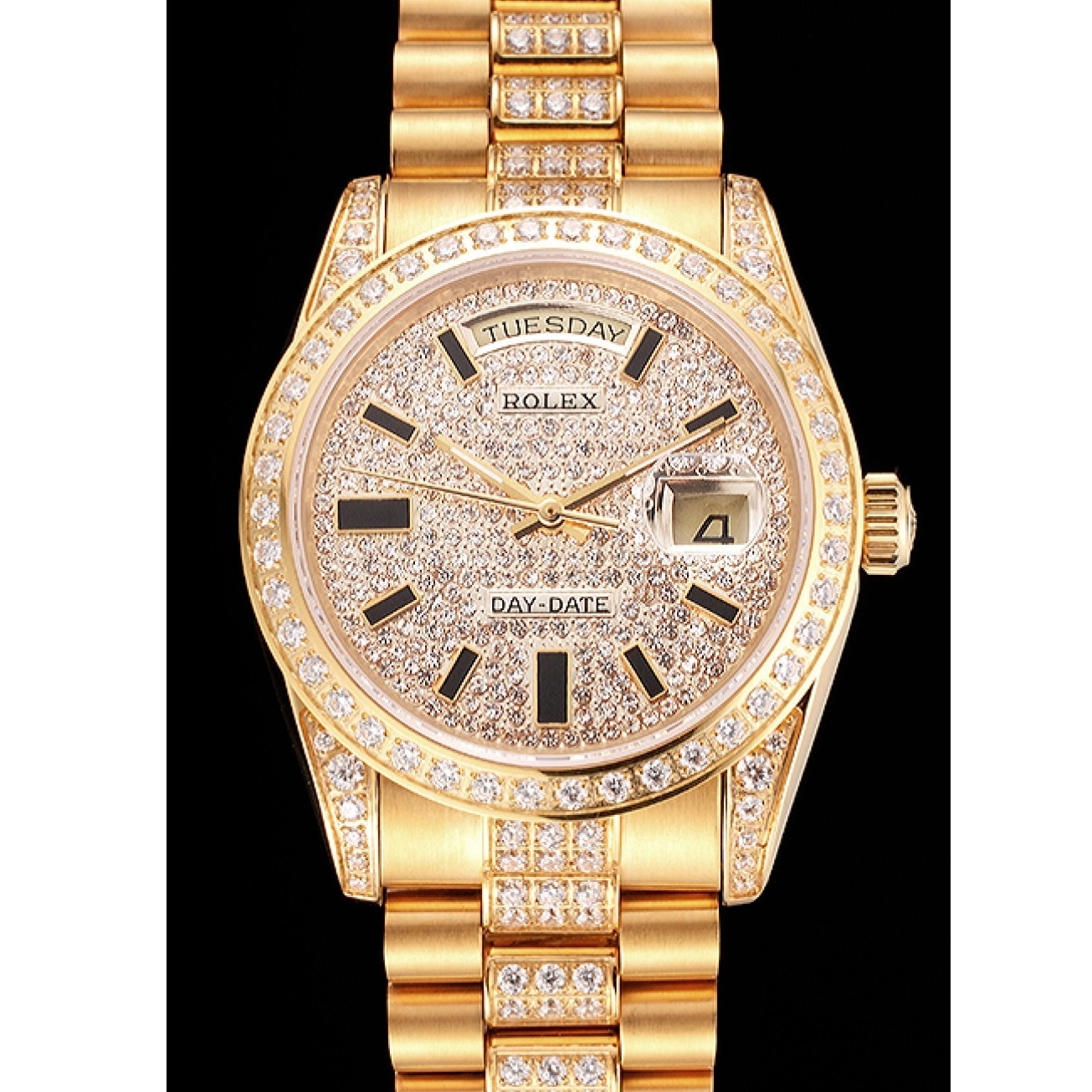 Aaa replica watch Rolex Swiss Day Diamond Yellow Pave Date Gold 0215