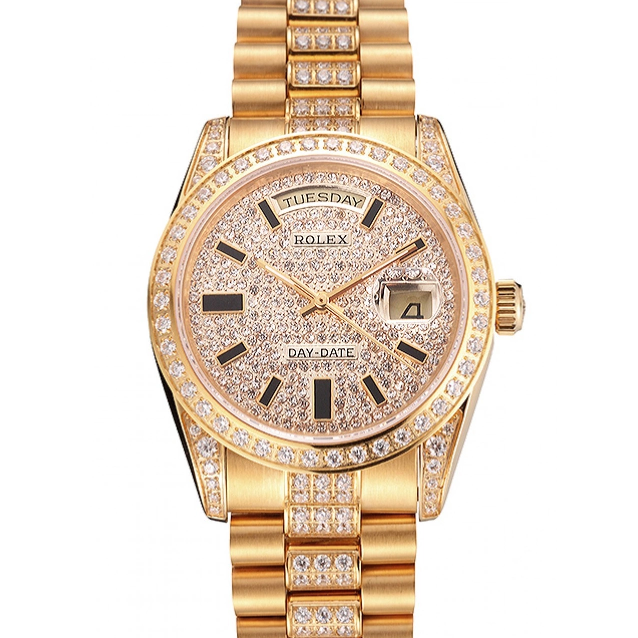 Aaa replica watch Rolex Diamond Gold Date Swiss Day Pave Yellow 0215