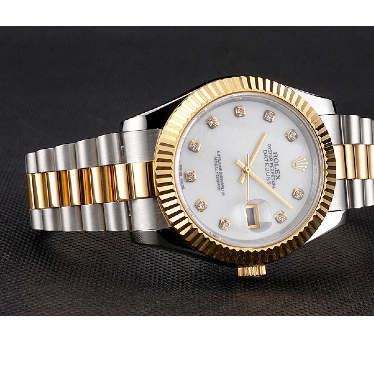 Aaa replica watch Swiss Diamond Case Two Marks Rolex White Stainless Bezel Datejust Dial Bracelet Steel Tone Hour Gold 0221