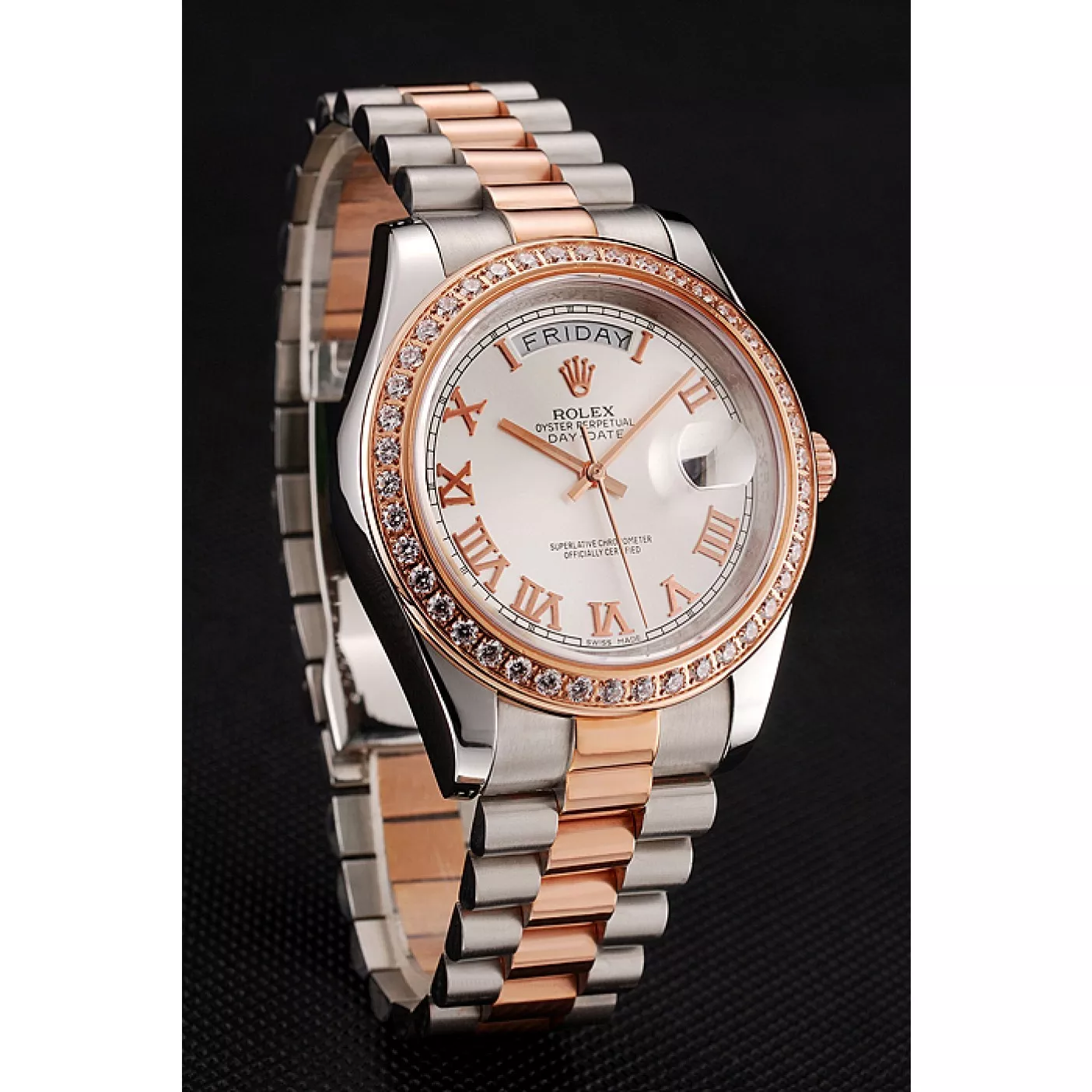 Aaa replica watch Swiss Rolex Day-Date Diamonds Bezel White Dial Rose Gold And Staineless Steel Bracelet 1454108 0206