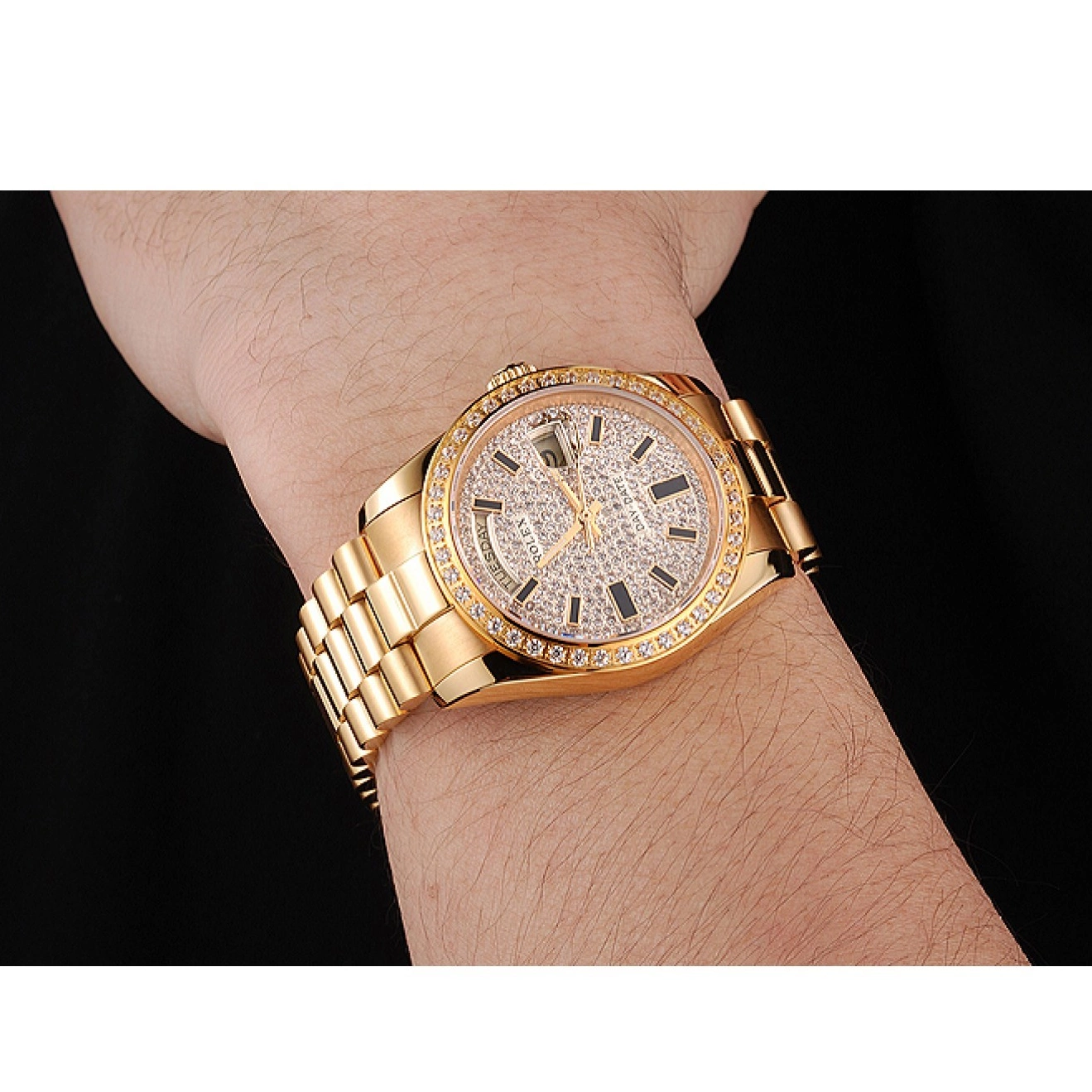 Aaa replica watch And Dial Day Bracelet Date Gold Swiss Rolex Pave Bezel Case And Diamond 0224