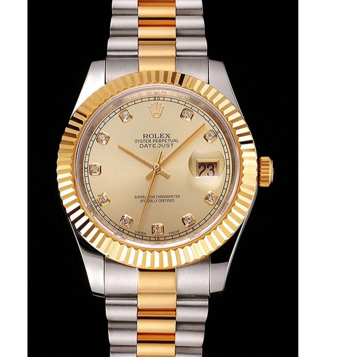 Aaa replica watch Stainless Dial Gold Case Bezel Bracelet Swiss And Two Rolex Datejust Steel Tone 0222