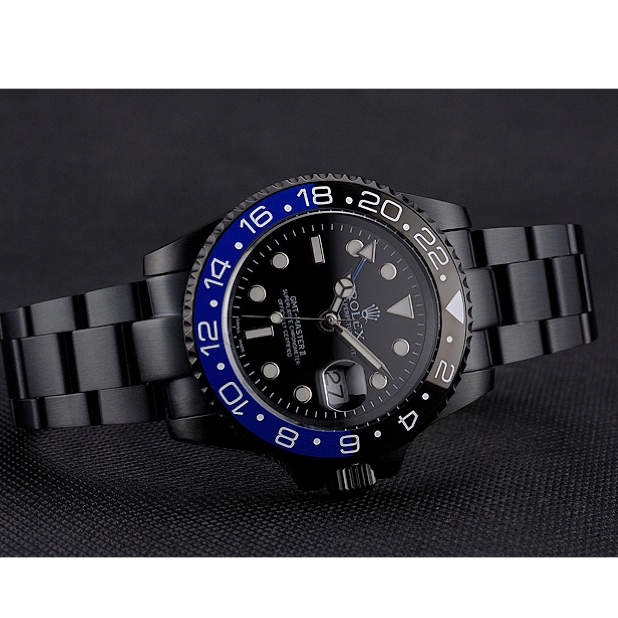 Aaa replica watch Dial Master Rolex Swiss GMT Blue Black Black II PVD Case Bracelet Black And Bezel And 0218