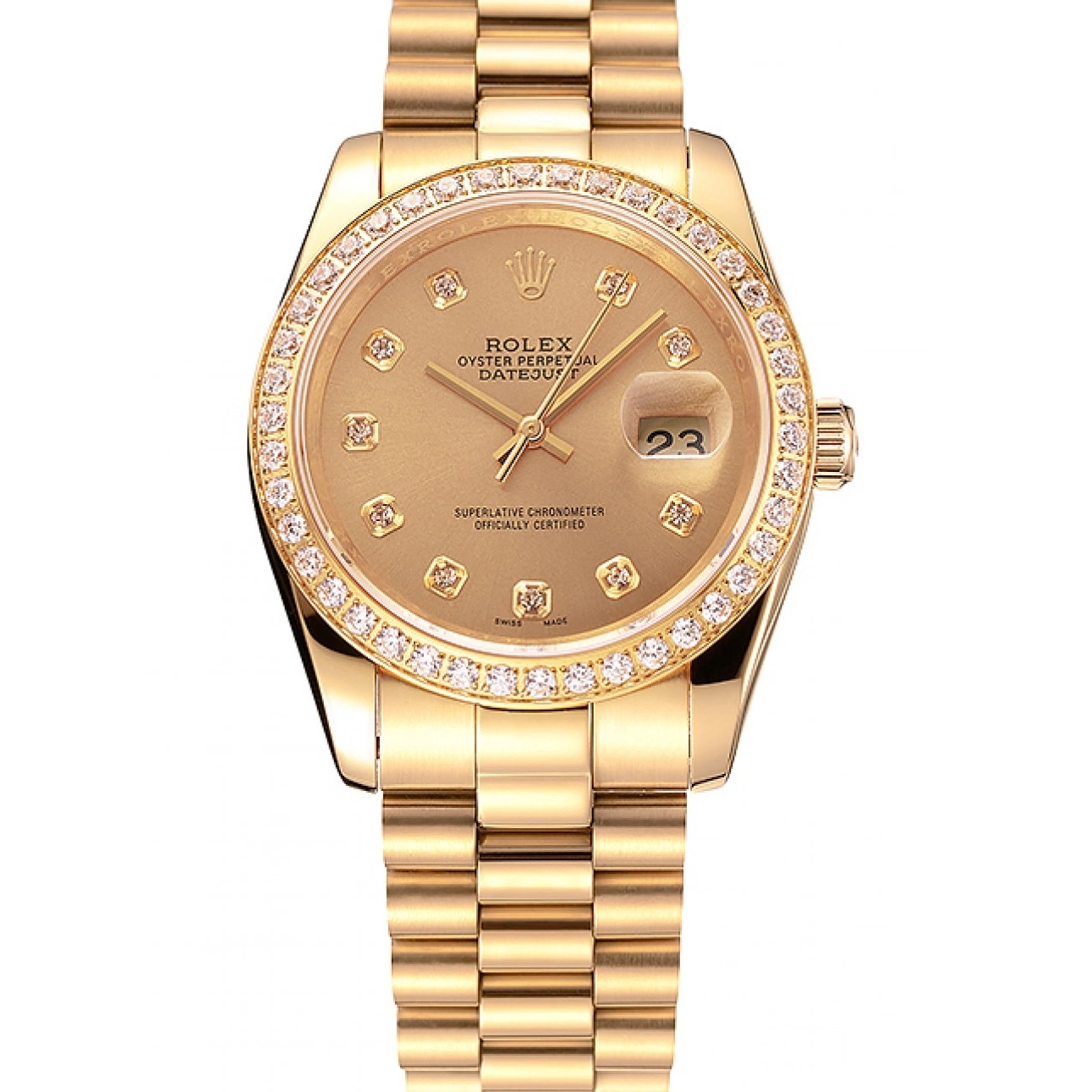 Aaa replica watch Swiss Dial Datejust Champagne Diamond Bezel Bracelet 1454097 Gold Rolex 0218