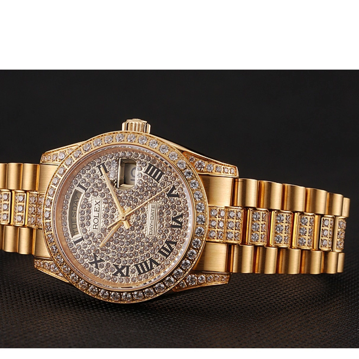 Aaa replica watch Diamond Pave Diamond Bracelet Swiss Rolex Day-Date Gold Dial 1453956 0210