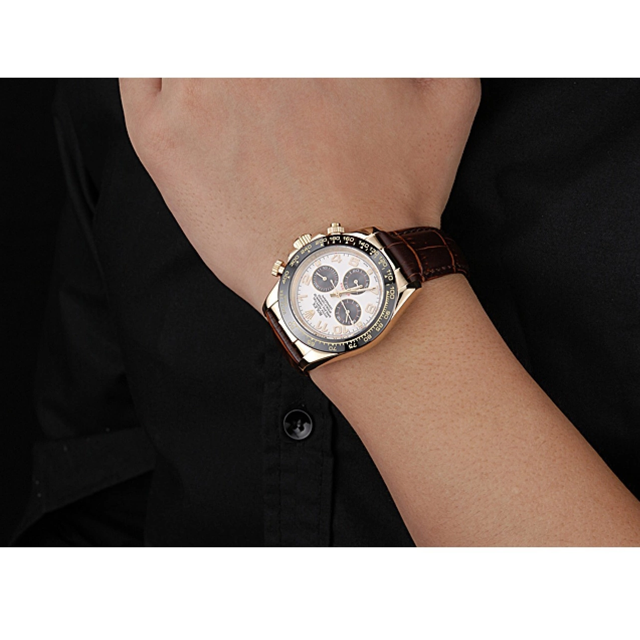 Aaa replica watch Cosmograph Daytona Rolex Gold Bracelet Subdials Brown 622634 Leather Case Black 0213